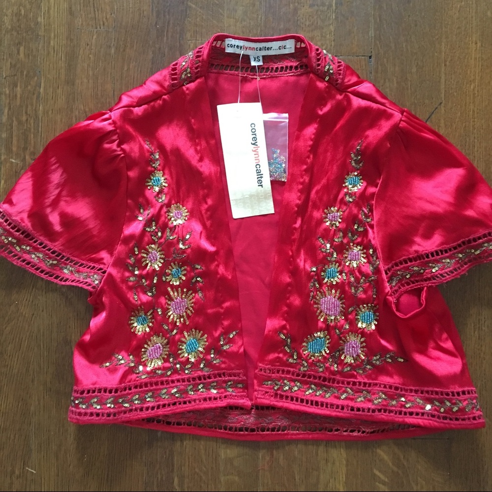 Red Crop Jacket. Hand Beaded. Never Worn.